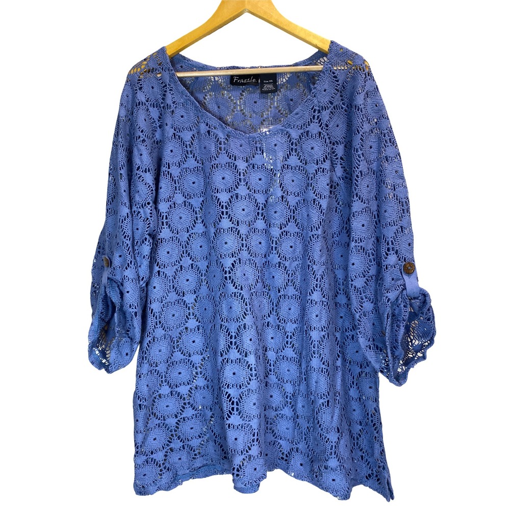 NWT Women's Crochet Tunic Sweater XXL Open Knit Blue Coastal Cotton Boho